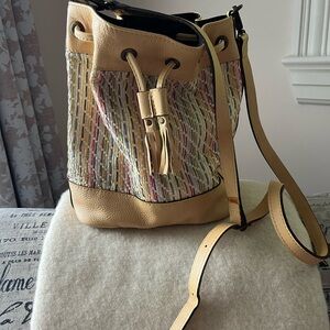 Pale yellow large leather Multicolor Woven Bucket Crossbody Bag